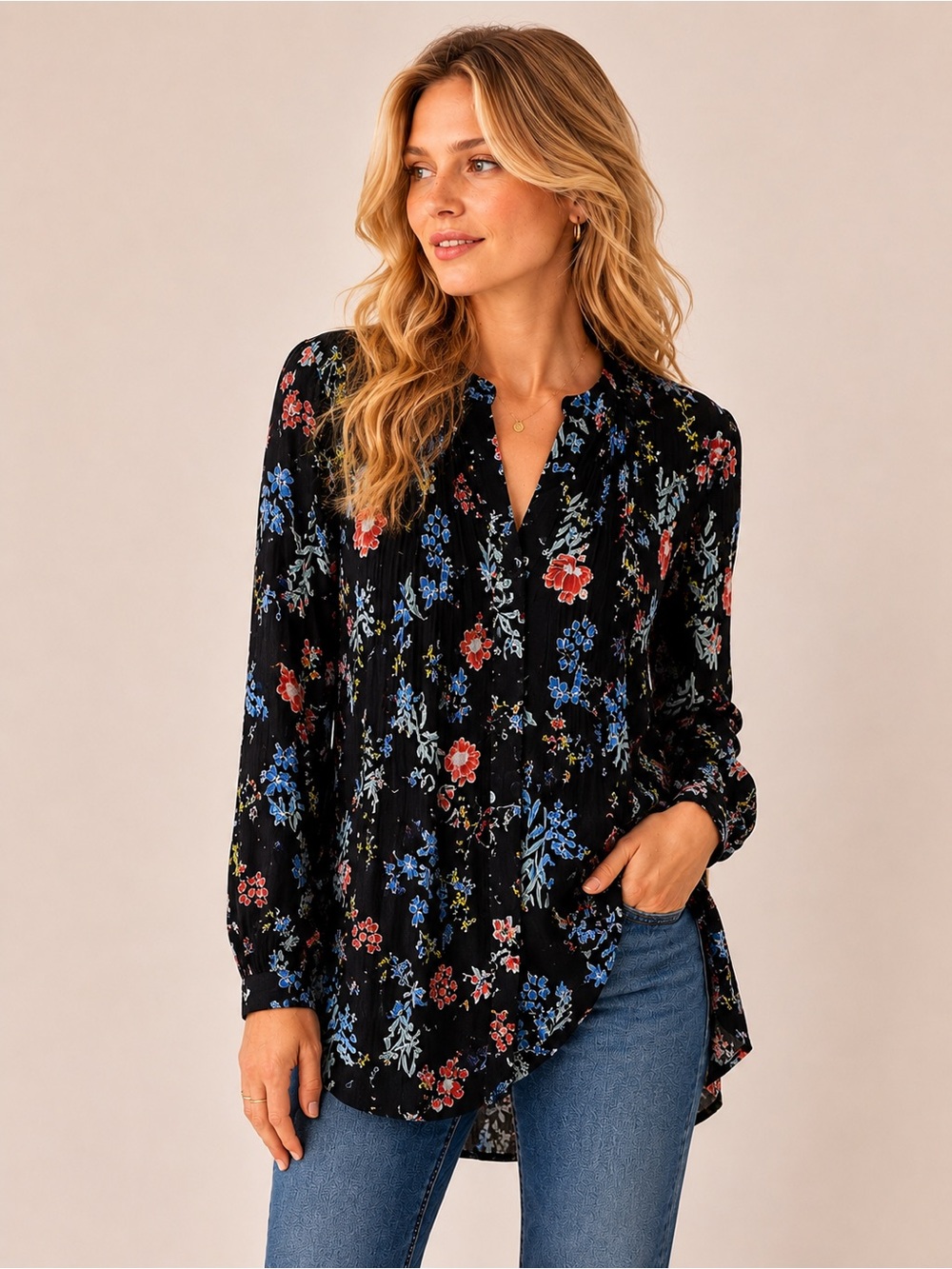 HILARY Radley top blouse floral pattern long sleeves ajust waist crepe XXL